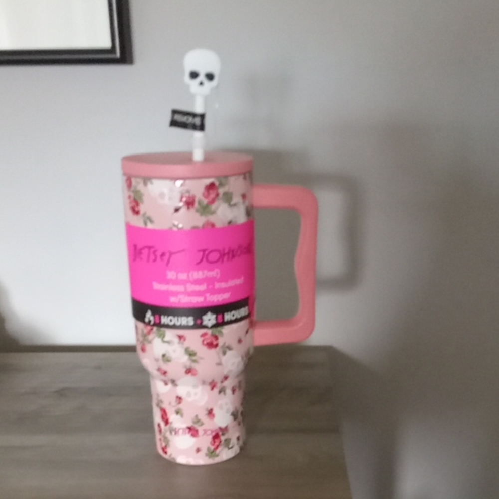 Betsey Johnson Pink Floral Travel Tumbler with Skull Straw Topper